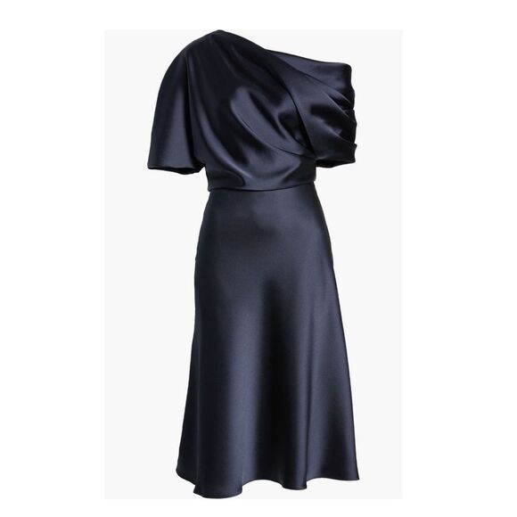 Amsale Dresses & Skirts - Amsale NAVY One Shoulder Fluid Satin Cocktail Midi Dress, NWT, Size 4